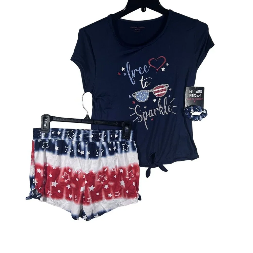 Liberty Valor Girl Patriotic Pajama Set Navy Blue Stars Tie Dye Size L 14/16 NWT